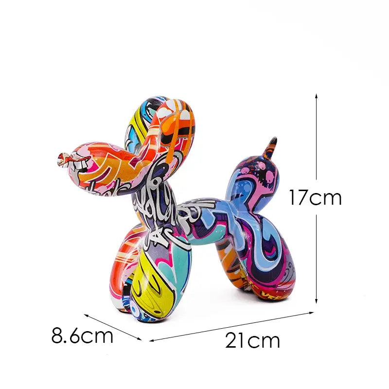 Vibrant graffiti-style balloon dog sculpture with glossy finish and bold swirling colors for modern living room decor