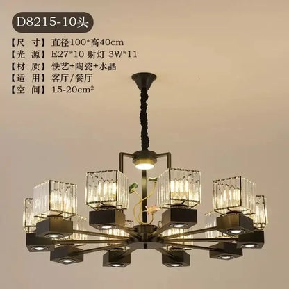 Modern black and gold crystal dining room chandelier with ten square crystal fixtures and pink lotus decorbites crystal dining