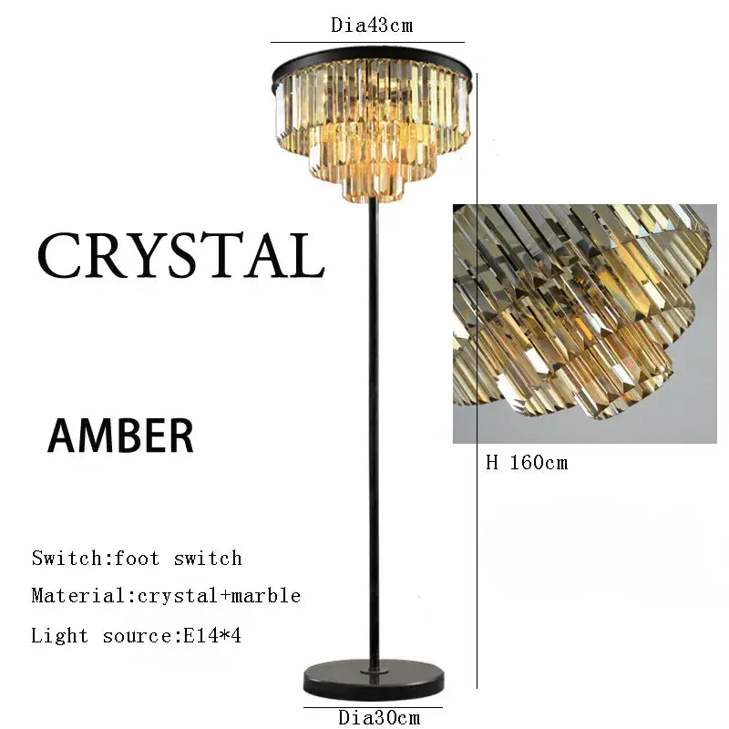 Modern black and gold crystal floor lamp with amber crystal chandelier and black marble base for living room decor