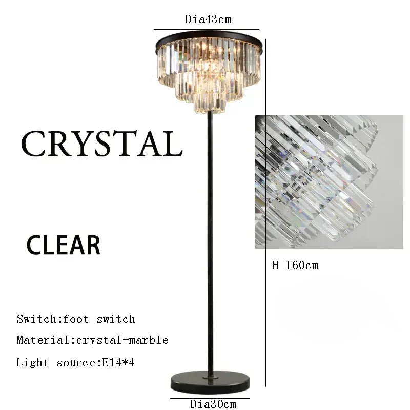 Modern black and gold crystal floor lamp with black marble base and cascading clear crystal prisms for living room decor