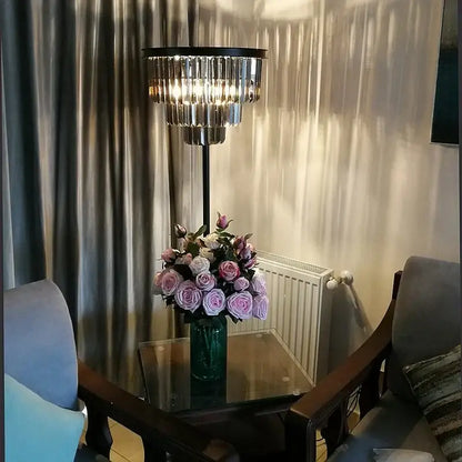 Modern black and gold crystal floor lamp with clear crystal prisms and metal frame for living room decor