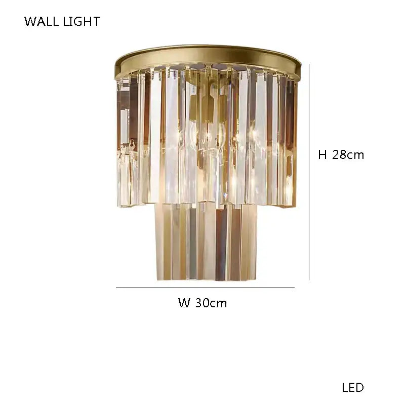 Modern black and gold crystal floor lamp with gold-toned led wall light and cascading crystal prisms for living room decor