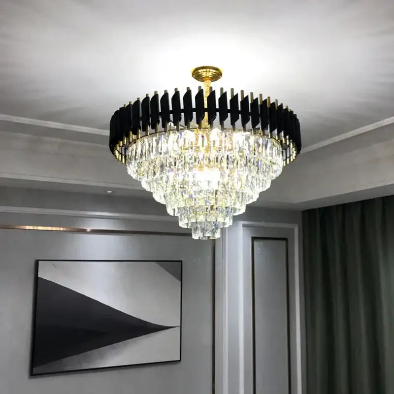 Modern black and gold crystal pendant chandelier with gold frame clear crystal prisms and black matte slats decorbites crystal pendant