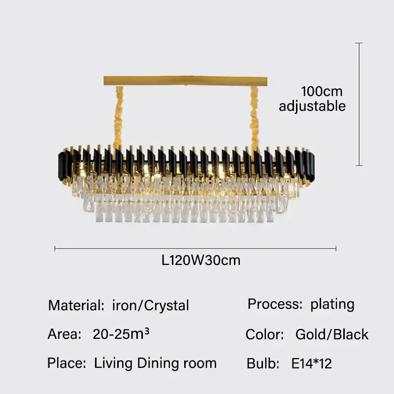 Elegant modern black and gold crystal pendant chandelier by decorbites with adjustable height for dining room lighting