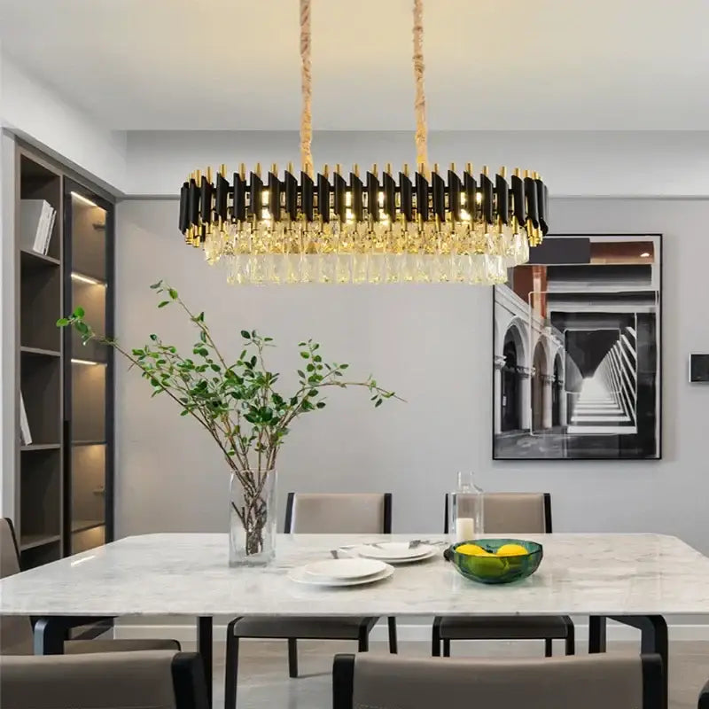 Modern black and gold decorbites crystal pendant chandelier with crystal droplets hanging from braided rope for dining room decor