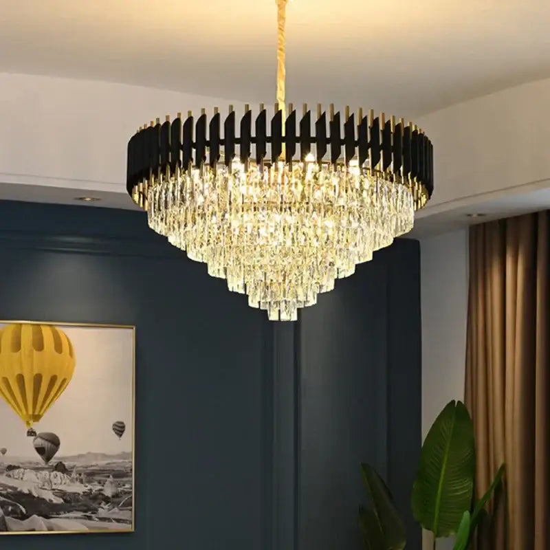 Modern black and gold crystal pendant chandelier with clear prisms and black metal frame for dining room decorbites crystal pendant