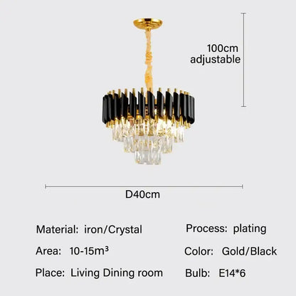 Modern black and gold crystal pendant chandelier with crystal droplets for dining room decor by decorbites crystal pendant