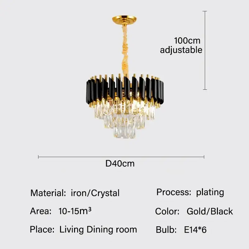 Modern black and gold crystal pendant chandelier with crystal droplets for dining room decor by decorbites crystal pendant