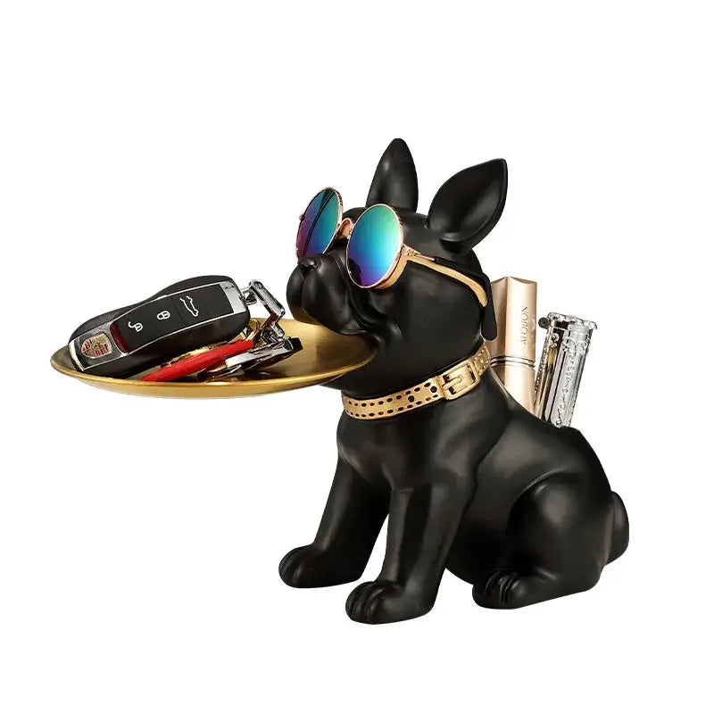 Modern black and gold decorbites bulldog statue holding a golden tray with sunglasses and collar for living room key tray