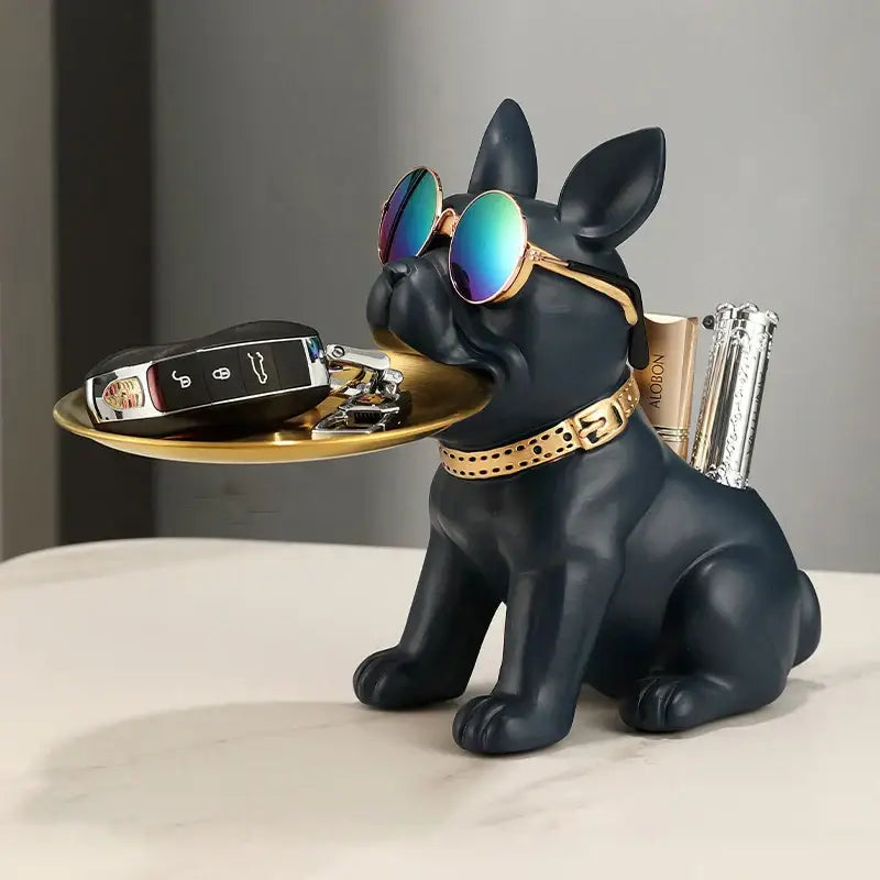 Modern black and gold decorbites bulldog statue with tray holding keys and back slot for pens or lipstick