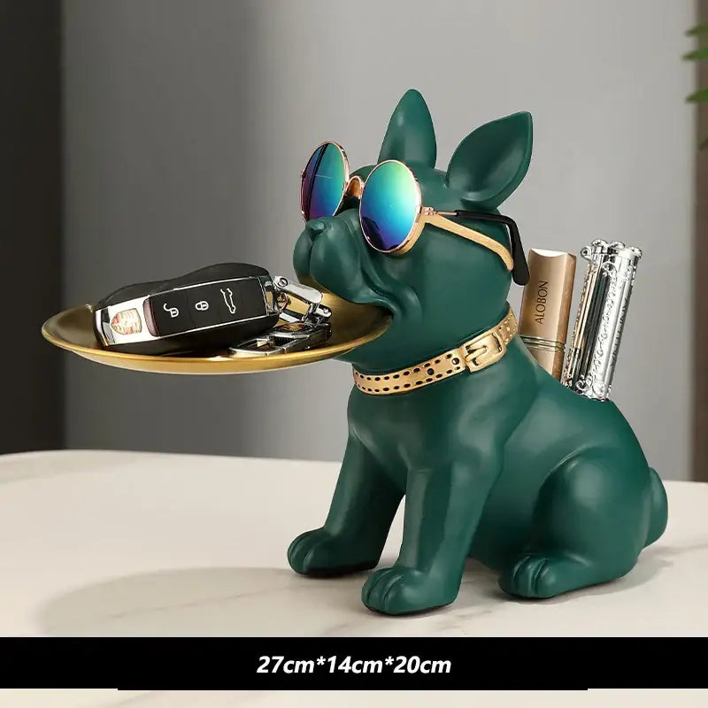 Emerald green decorbites bulldog statue with gold sunglasses and studded collar holding key tray for living room decor