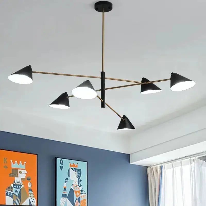 Modern black and gold decorbites cone shade chandelier with brass-toned arms and central rod for dining room lighting
