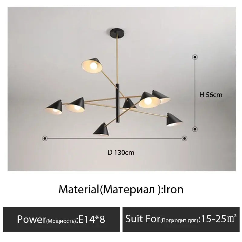 Modern black and gold decorbites cone shade chandelier with brass arms and iron rod for dining room lighting