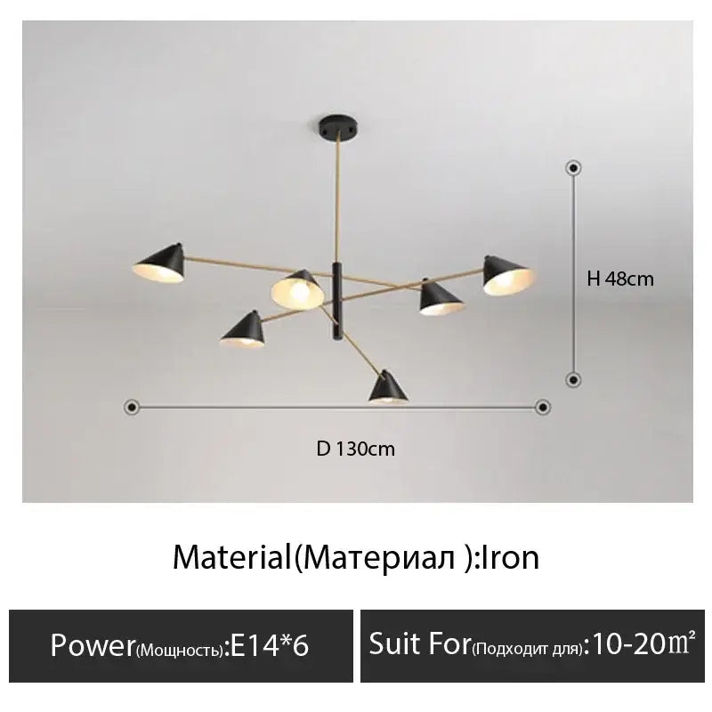 Modern black and gold decorbites cone shade chandelier with brass iron arms and rod for dining room lighting