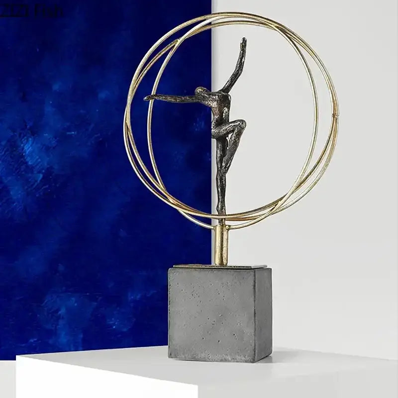 Modern black and gold decorbites gymnast figures bronze abstract dancer sculpture with wire rings on concrete base