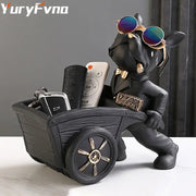 Modern black and gold dog statue resin art figurine featuring resin decorbites dog statue with sunglasses and cart