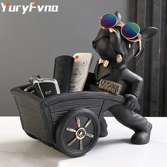 Modern black and gold dog statue resin art figurine featuring resin decorbites dog statue with sunglasses and cart