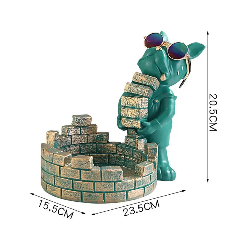 Modern black and gold decorbites dog statue resin featuring a teal bulldog figurine with sunglasses and brick ashtray