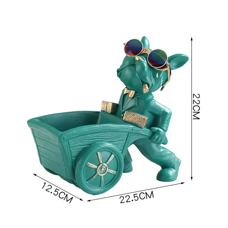 Modern black and gold dog statue resin art featuring a teal glossy dog statue resin with sunglasses and wheelbarrow decorbites dog statue