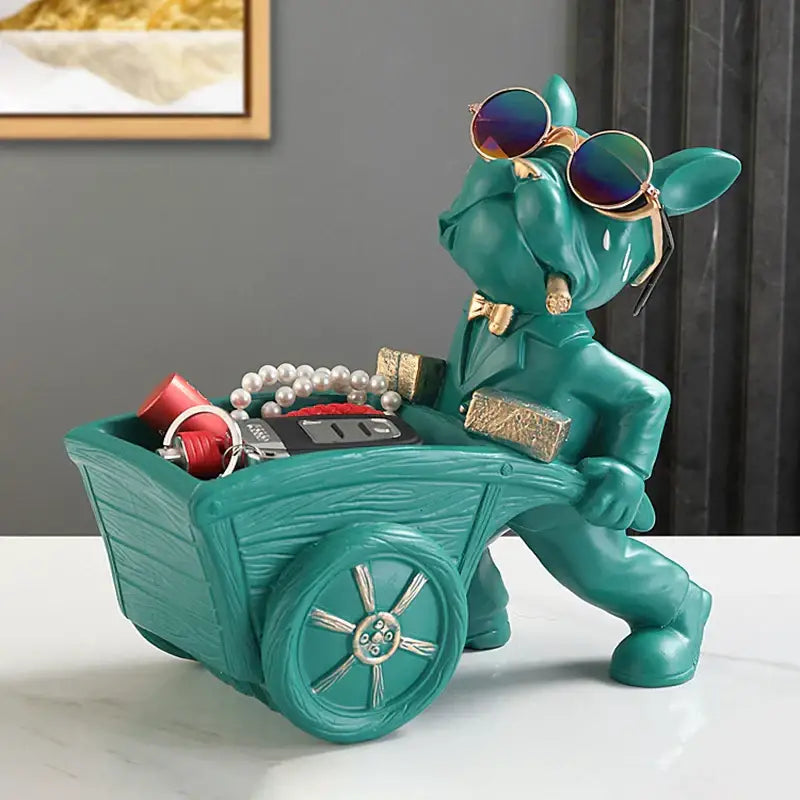 Modern black and gold dog statue resin art featuring a teal decorbites dog statue with sunglasses and cart accessories