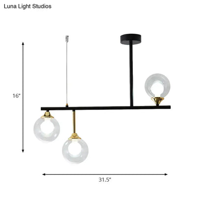 DecorBites modern black and gold glass ball island chandelier with three clear globe bulbs for dining room lighting