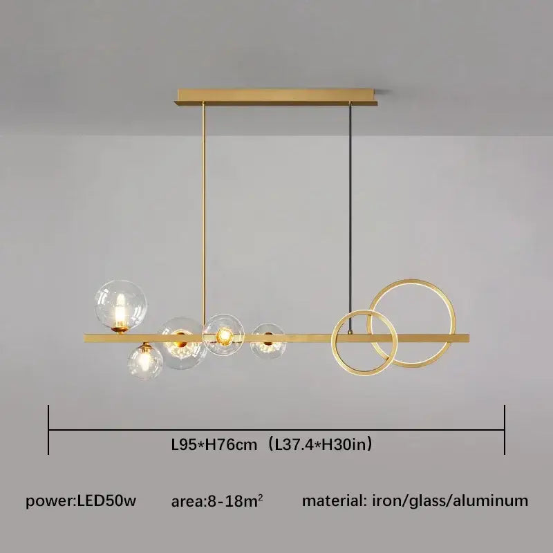 Modern black and gold glass ball pendant chandelier with iron, glass, and aluminum featuring spherical decorbites glass ball bulbs
