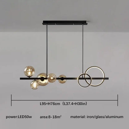 Modern black and gold glass ball pendant chandelier with spherical amber globes and circular rings for kitchen lighting decorbites glass ball