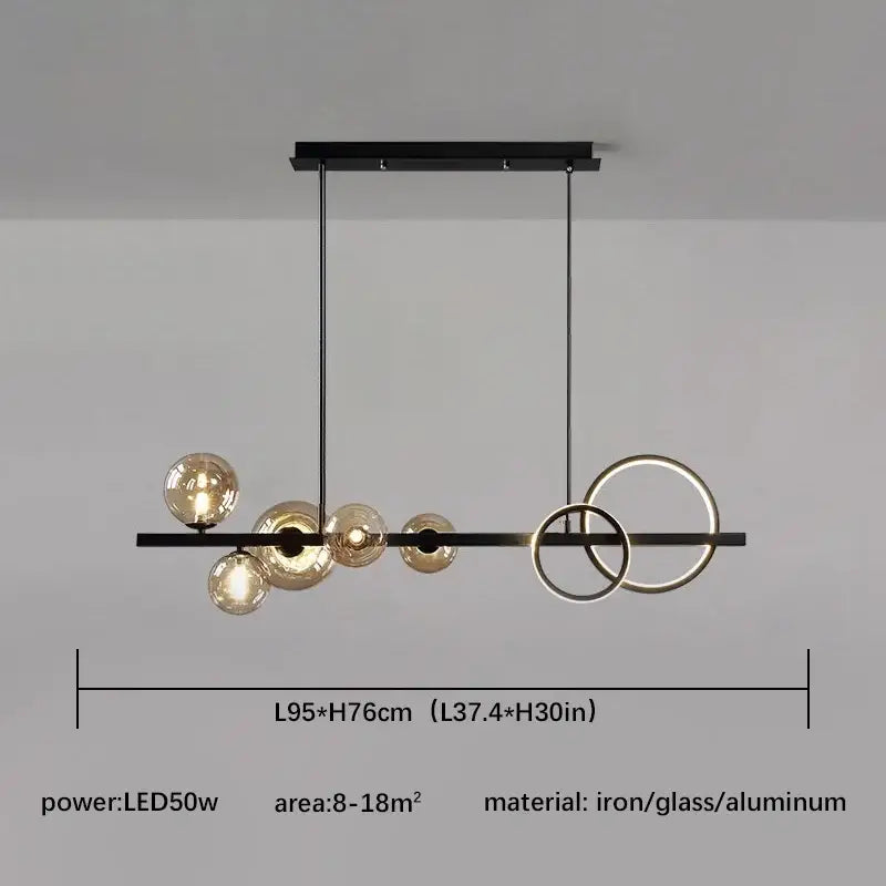 Modern black and gold glass ball pendant chandelier with spherical amber globes and circular rings for kitchen lighting decorbites glass ball
