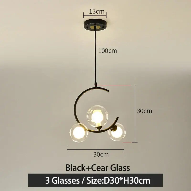 Modern black and gold decorbites glass ball pendant light with three clear glass globes for living room decor