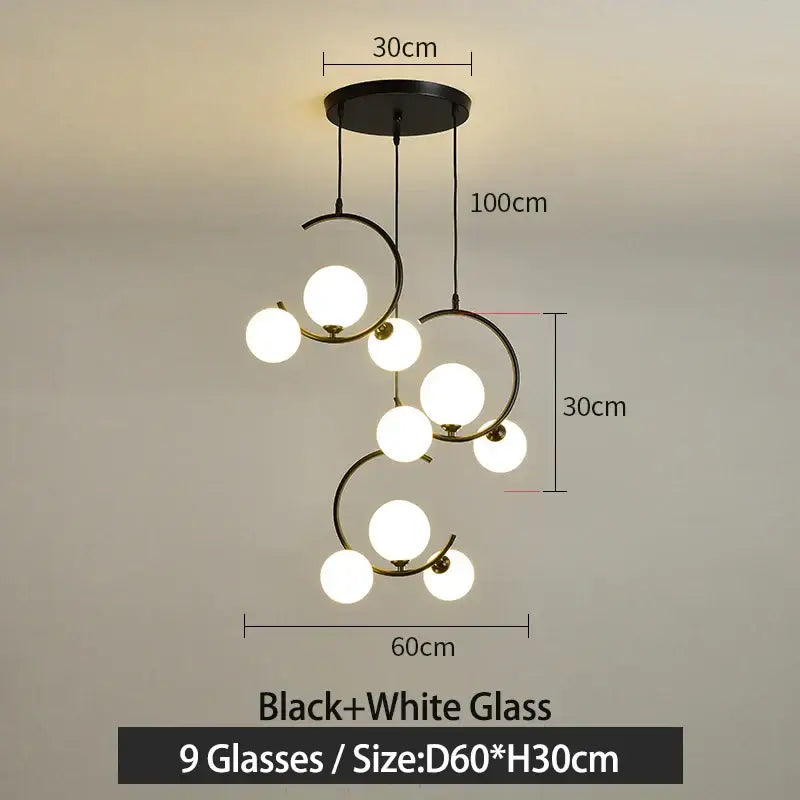 Modern black and gold glass ball pendant light with nine white glass globes for living room decorbites pendant light