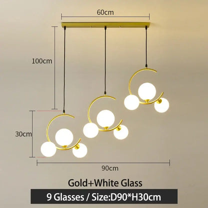 Modern black and gold glass ball pendant light featuring nine white glass bulbs in curved minimalist design for living room decor