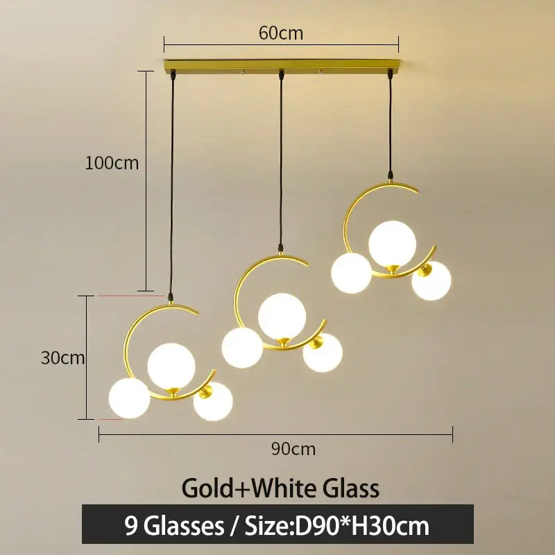 Modern black and gold glass ball pendant light featuring nine white glass bulbs in curved minimalist design for living room decor