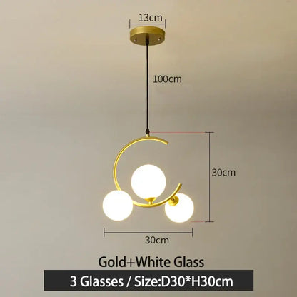 Modern black and gold glass ball pendant light with three white glass bulbs in crescent design for living room decorbites pendant light