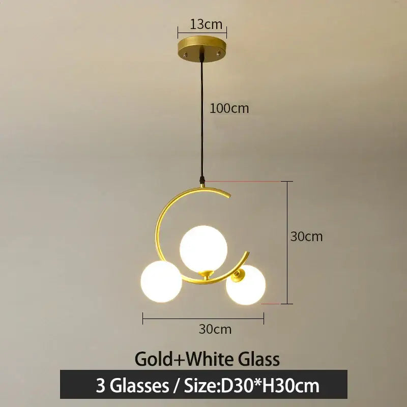 Modern black and gold glass ball pendant light with three white glass bulbs in crescent design for living room decorbites pendant light