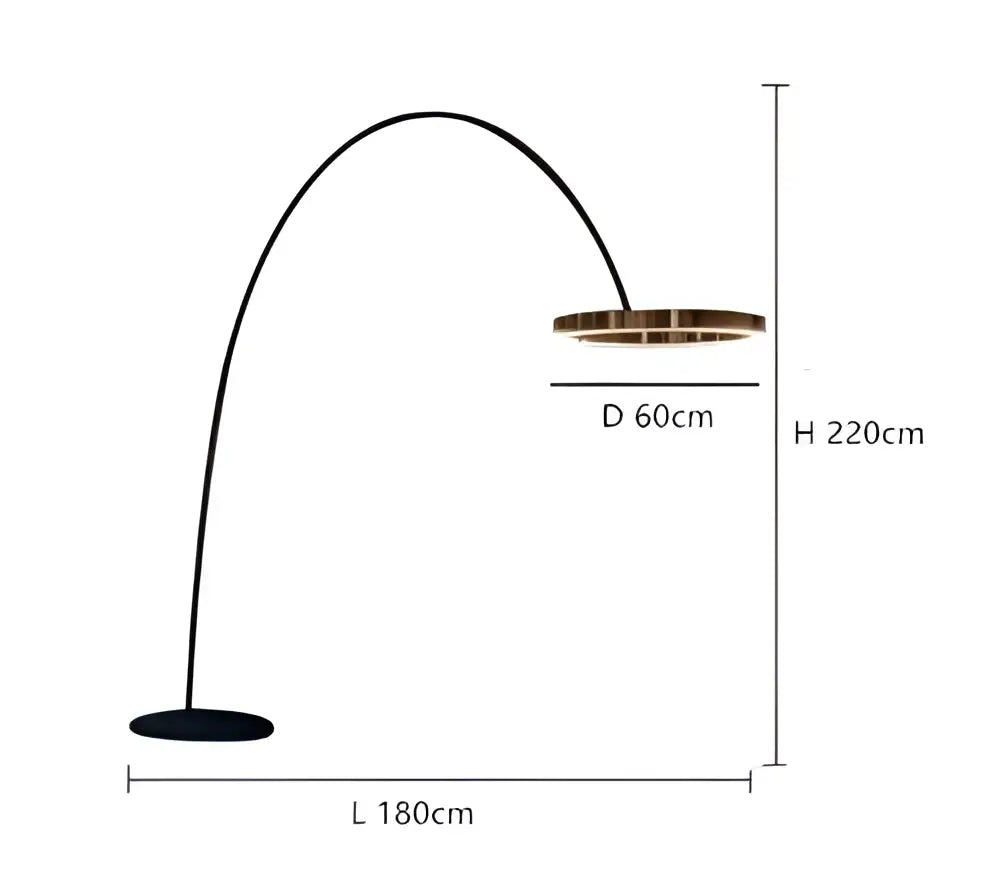 Modern black and gold led floor lamp featuring a black arched design and circular brass-toned light fixture for living room