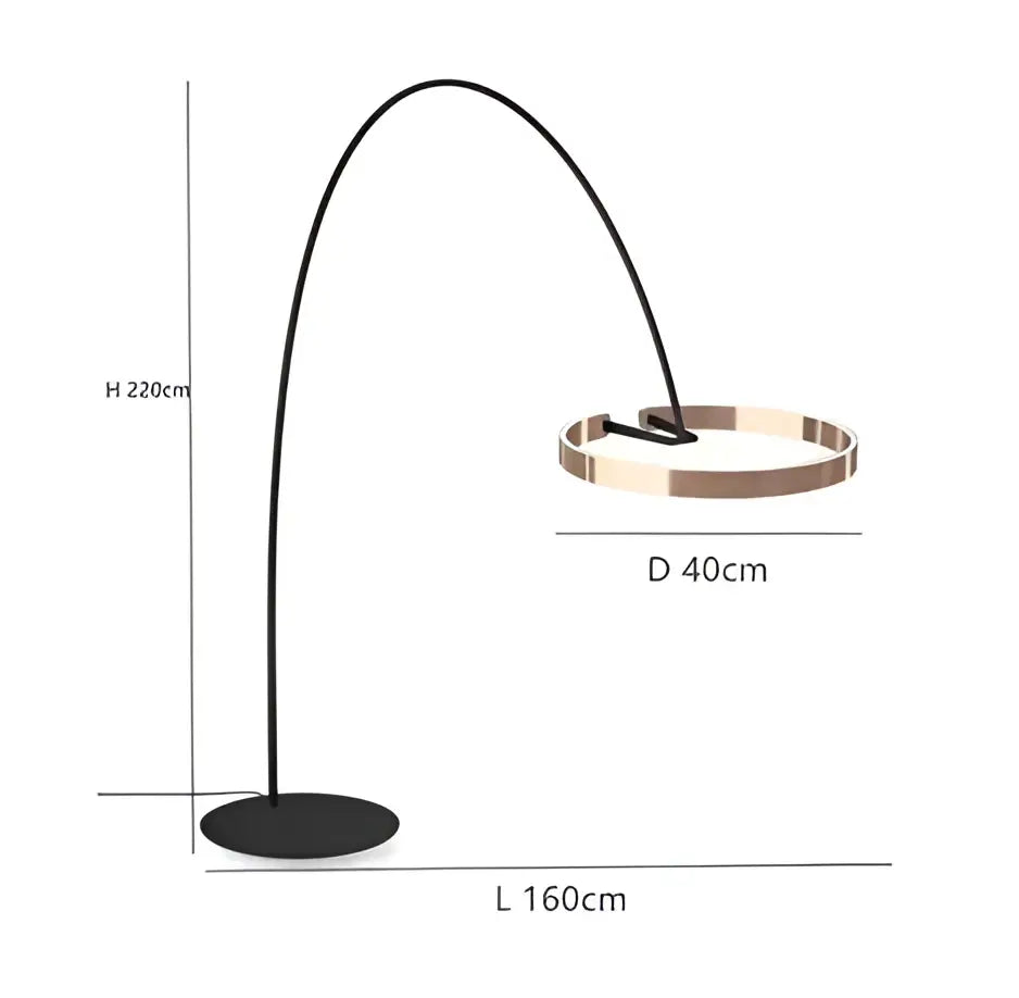 Modern black and gold led floor lamp with arched design and circular rose gold-toned light fixture for living room
