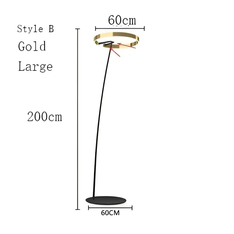 Modern black and gold led floor lamp with a sleek curved gold-finished stem and circular head for living room lighting