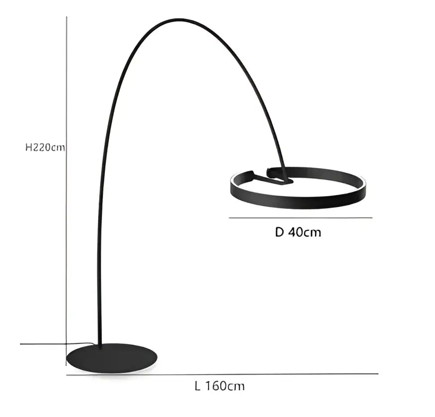 Modern black and gold led floor lamp with a sleek curved arch and circular base for living room lighting