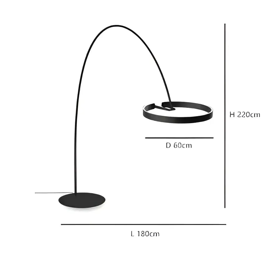 Modern black and gold led floor lamp with a sleek curved arch and circular base for living room use