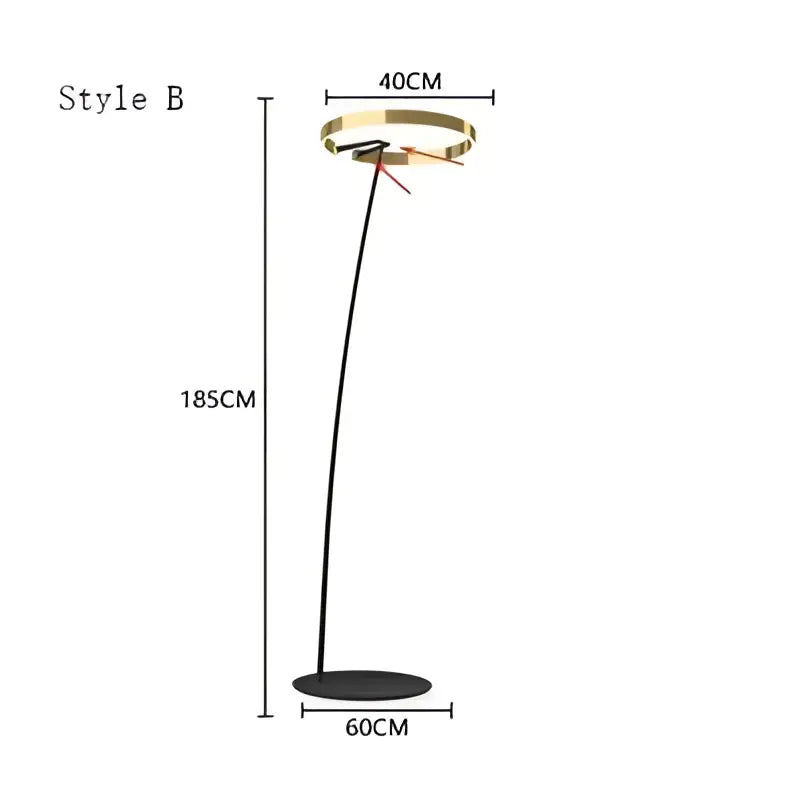 Modern black and gold led floor lamp with gold-toned circular head and sleek curved stem for living room use