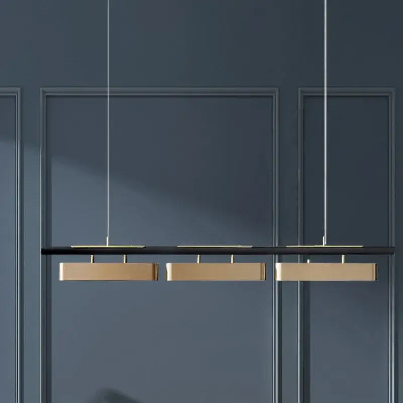 Modern black and gold led strip pendant light with three rectangular gold-toned fixtures for dining room decorbites led strip pendant lights