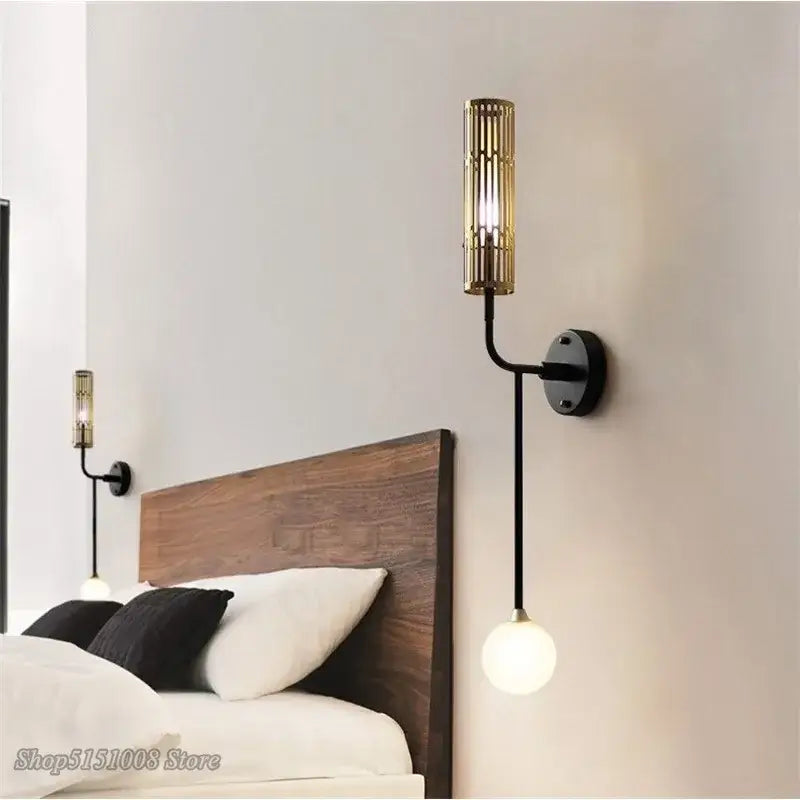 Modern black and gold led wall lamp with cylindrical glass shade and frosted globe bulb for living room decorbites led wall