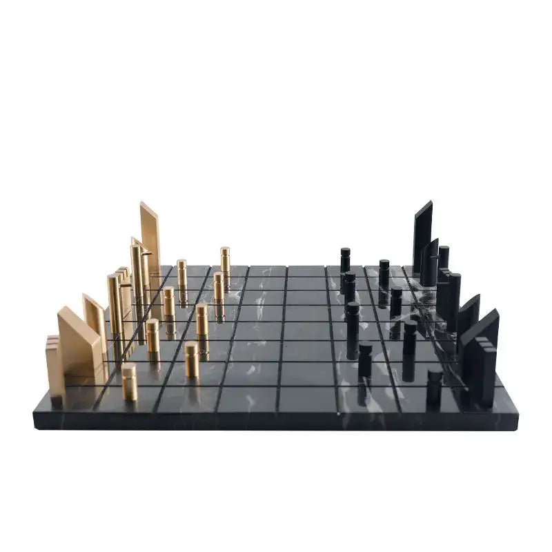 Modern black and gold metal marble chessboard with decorbites golden metal cityscape-themed pieces for living room decor