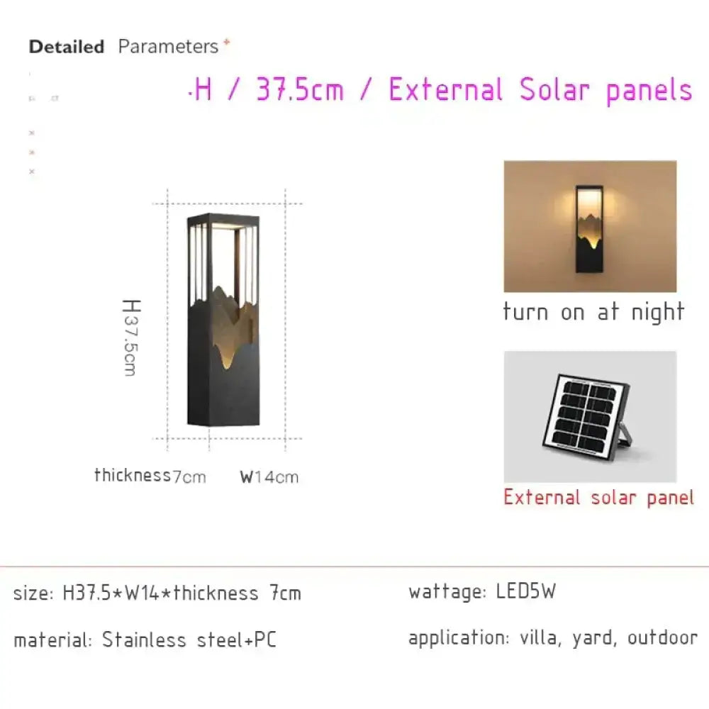 Modern black and gold mountain solar led outdoor light with stainless steel and pc for garden sconce use