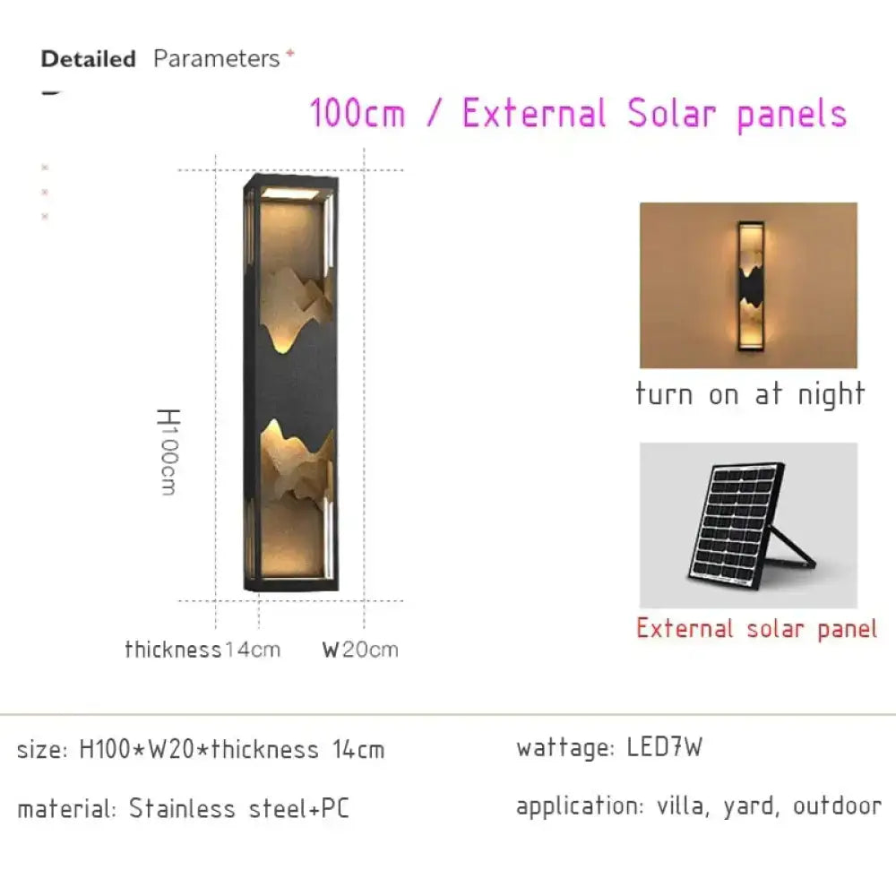 Modern black and gold mountain solar led outdoor light garden sconce with 100cm sleek black stainless steel pc housing