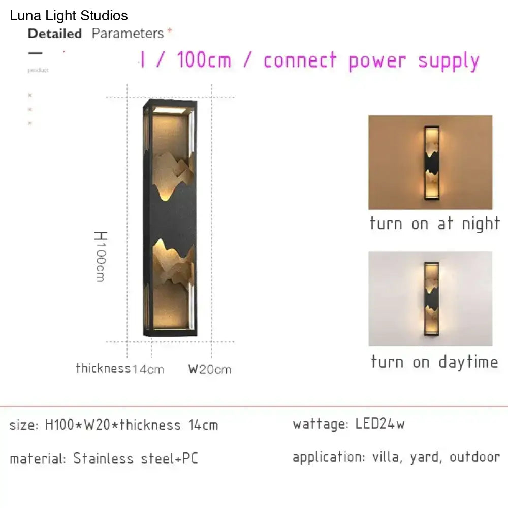 Modern black and gold mountain solar led outdoor light sconce with sleek dark metallic frame and 100cm height