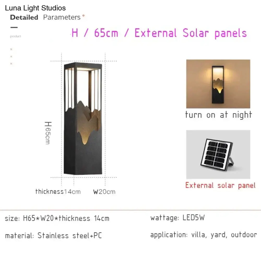 Modern black and gold mountain solar led outdoor light made of black stainless steel and pc with a solar led design