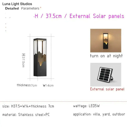 Modern black and gold mountain solar led outdoor light garden sconce with stainless steel and pc featuring solar led design