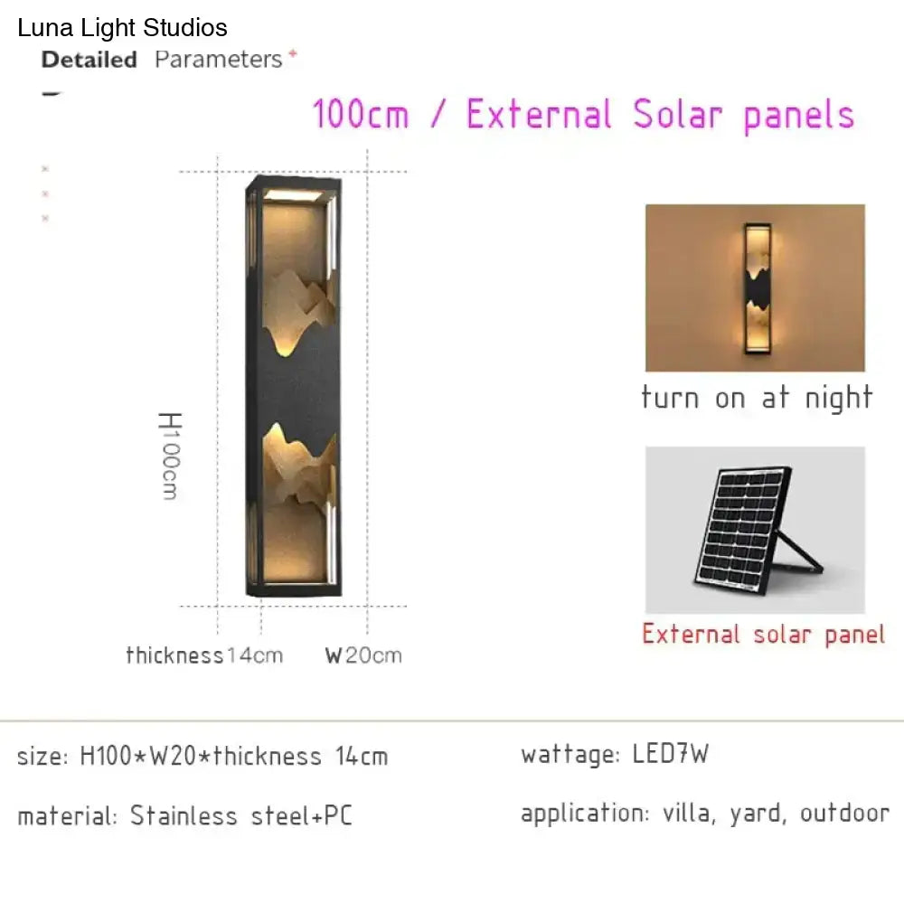 Modern black and gold mountain solar led outdoor light with stainless steel frame and warm amber glowing panels