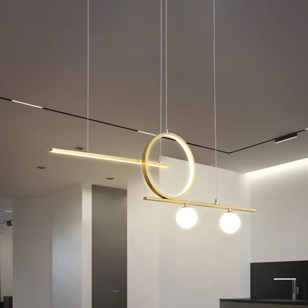 Modern black and gold ring island lighting ceiling light with gold-toned circular ring and frosted glass spherical bulbs